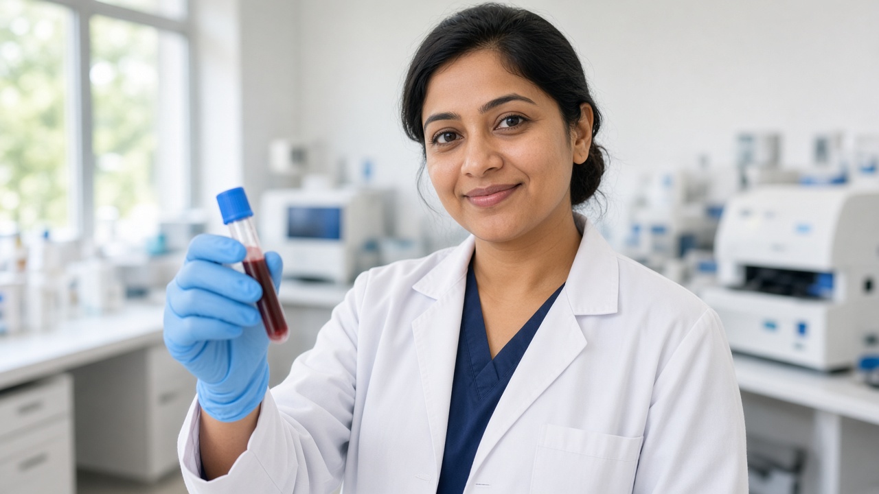 Lab professional holding a blood sample tube for a liver function test